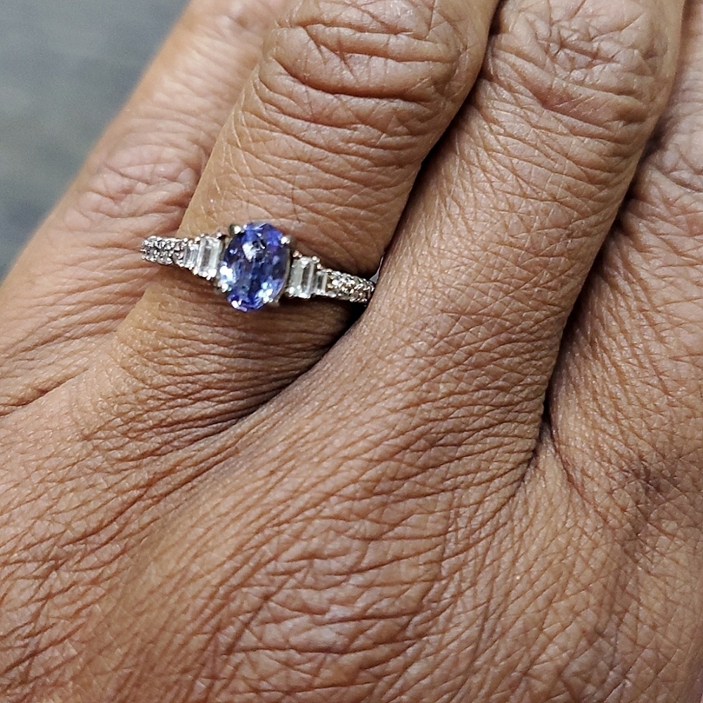 Tanzanite Zircon Solitaire Ring Platinum Plated Sterling Silver